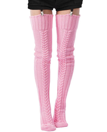 Thigh High Socks Thick Cable Knitted - Pink