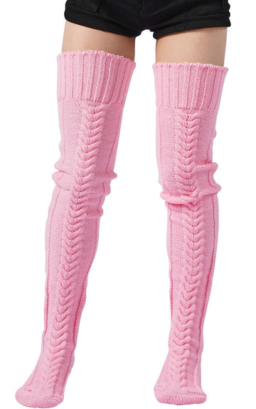 Thigh High Socks Thick Cable Knitted - Pink