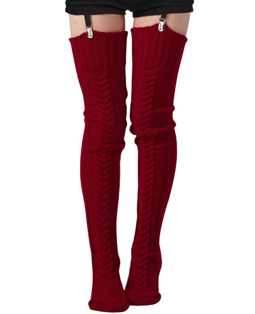 Thigh High Socks Thick Cable Knitted - Red