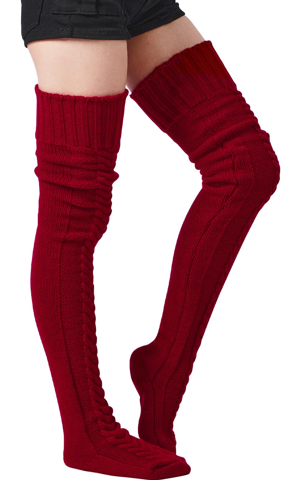 Thigh High Socks Thick Cable Knitted - Red | Moon Wood