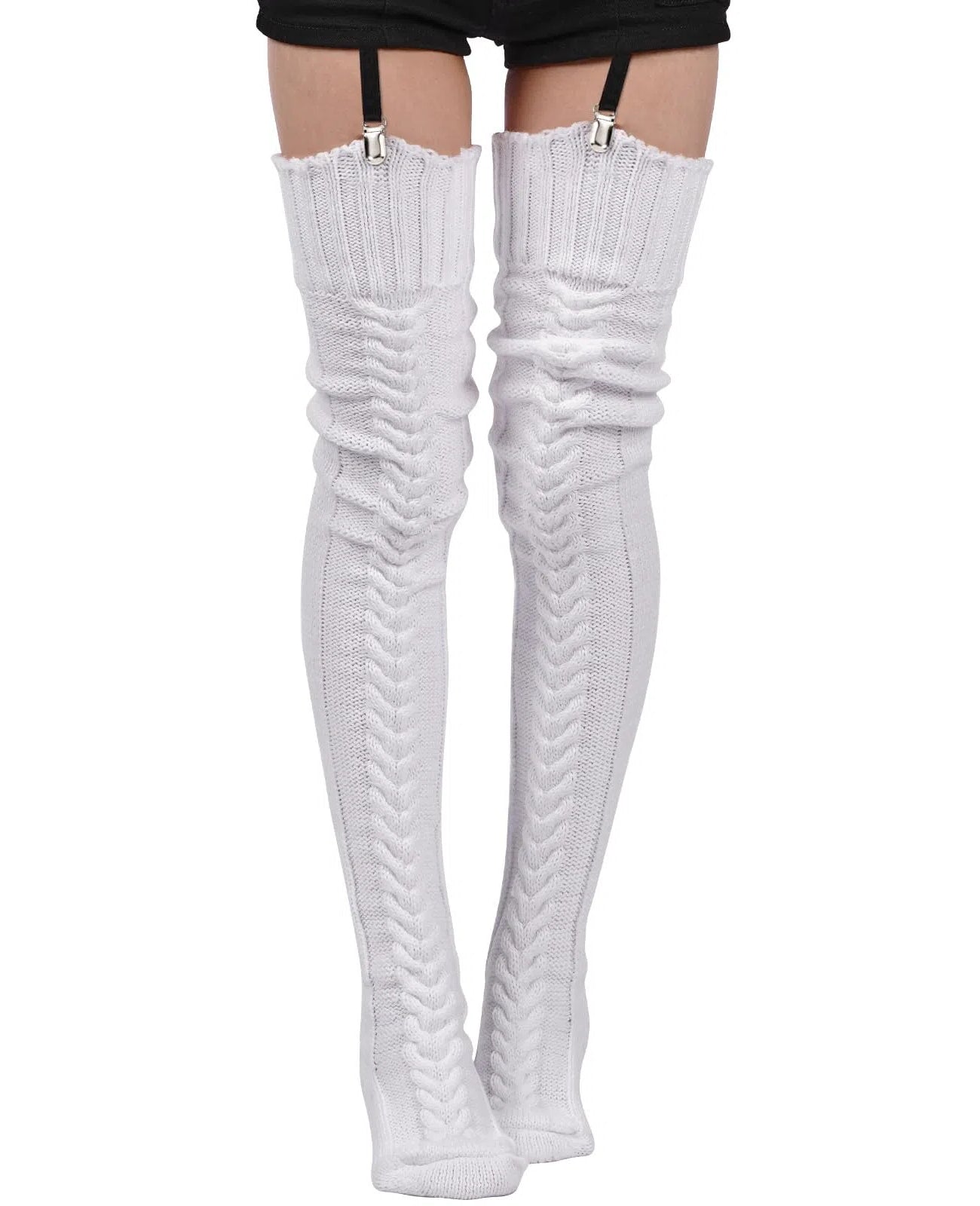 Thigh High Socks Thick Cable Knitted - White