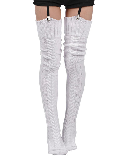 Thigh High Socks Thick Cable Knitted - White | Moon Wood