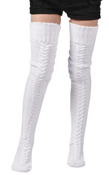 Thigh High Socks Thick Cable Knitted - White