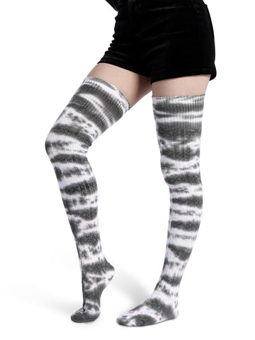 Extralange, warme, gestreifte Oberschenkelstrümpfe aus Strick – Schwarz