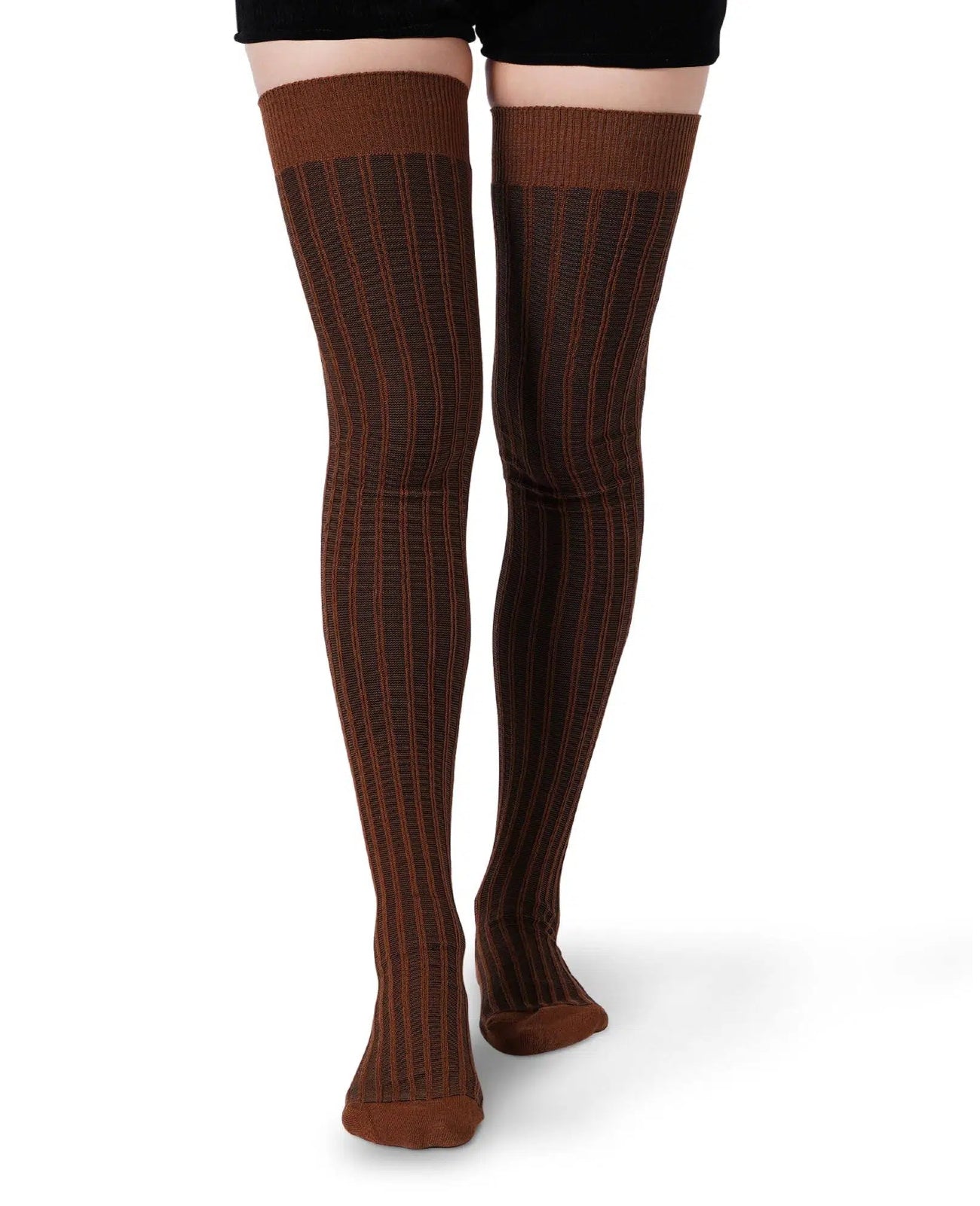 Thigh High Socks Vertical Stripes Cotton - Coffee