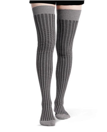Thigh High Socks Vertical Stripes Cotton - Grey