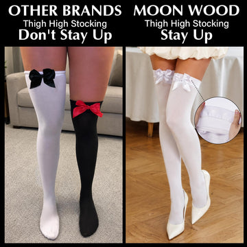 Two thigh-high stocking pairs: one white with bow, one dark with bow
