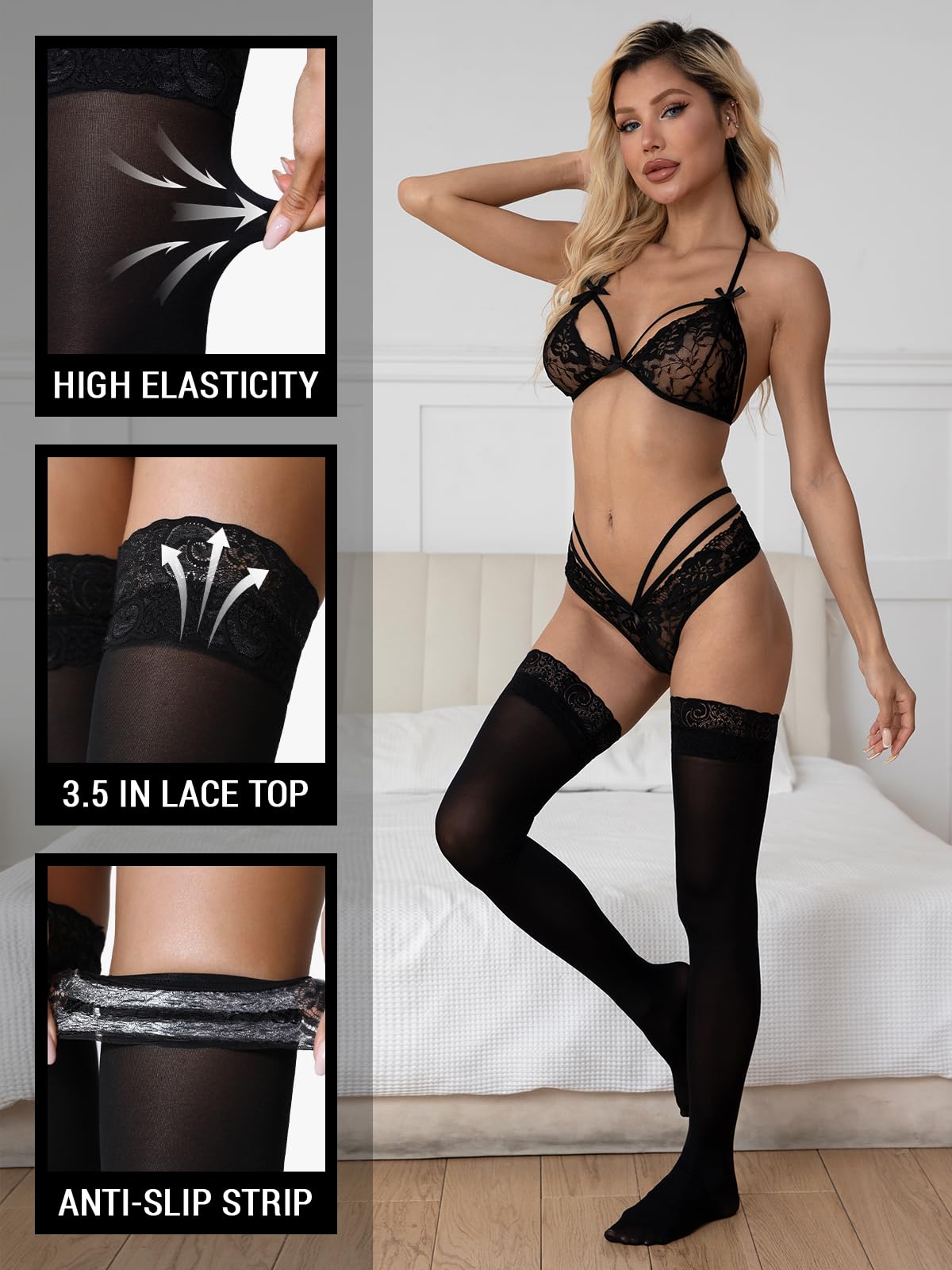 Thigh High Stockings Silicone Lace Top - Black-Moon Wood