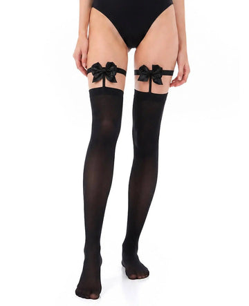 Black sheer thigh-high stockings with black bow straps at upper thighs