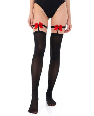 Black thigh-high stockings with red bows at the upper legs