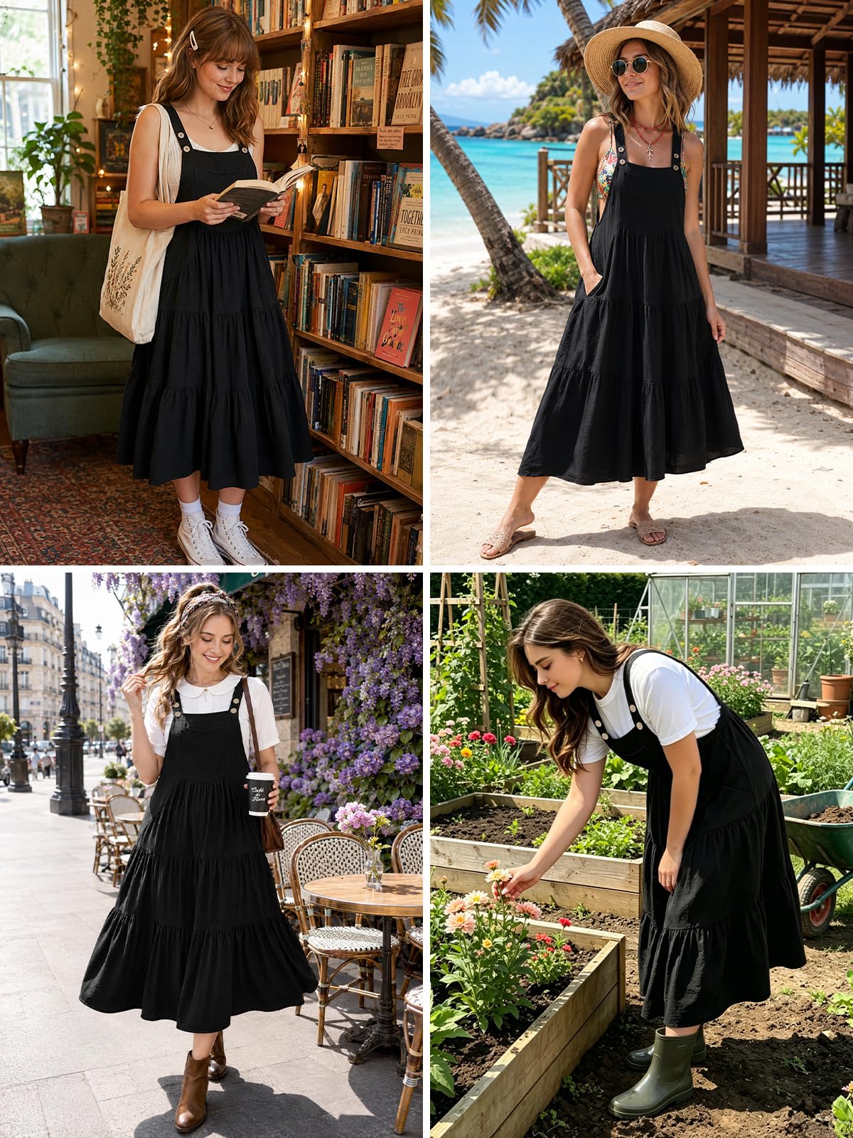 Black tiered overall dress with bib front, pockets, and adjustable shoulder straps