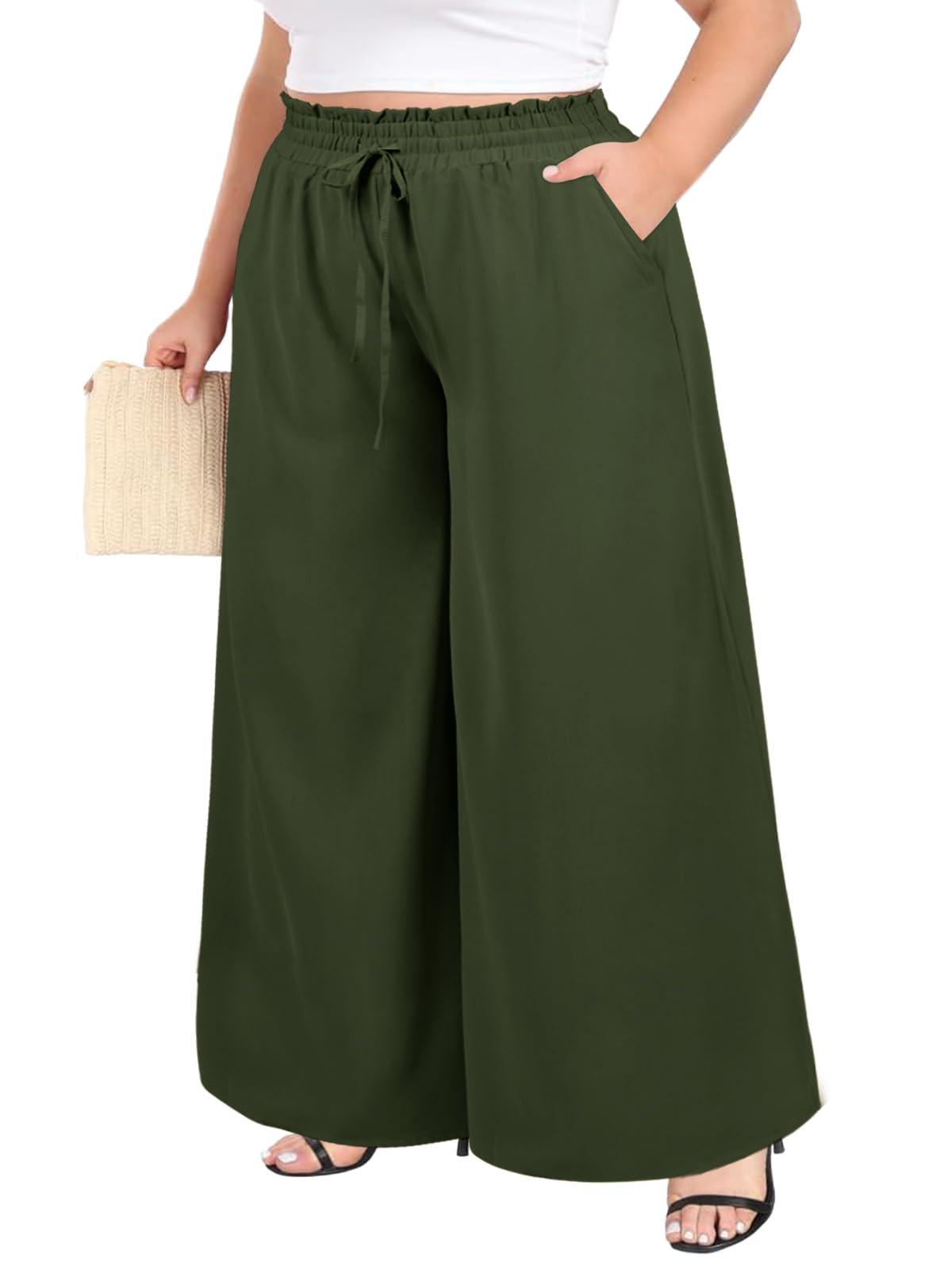 Wide Leg Pants Flowy Plus Size - Army Green-Moon Wood