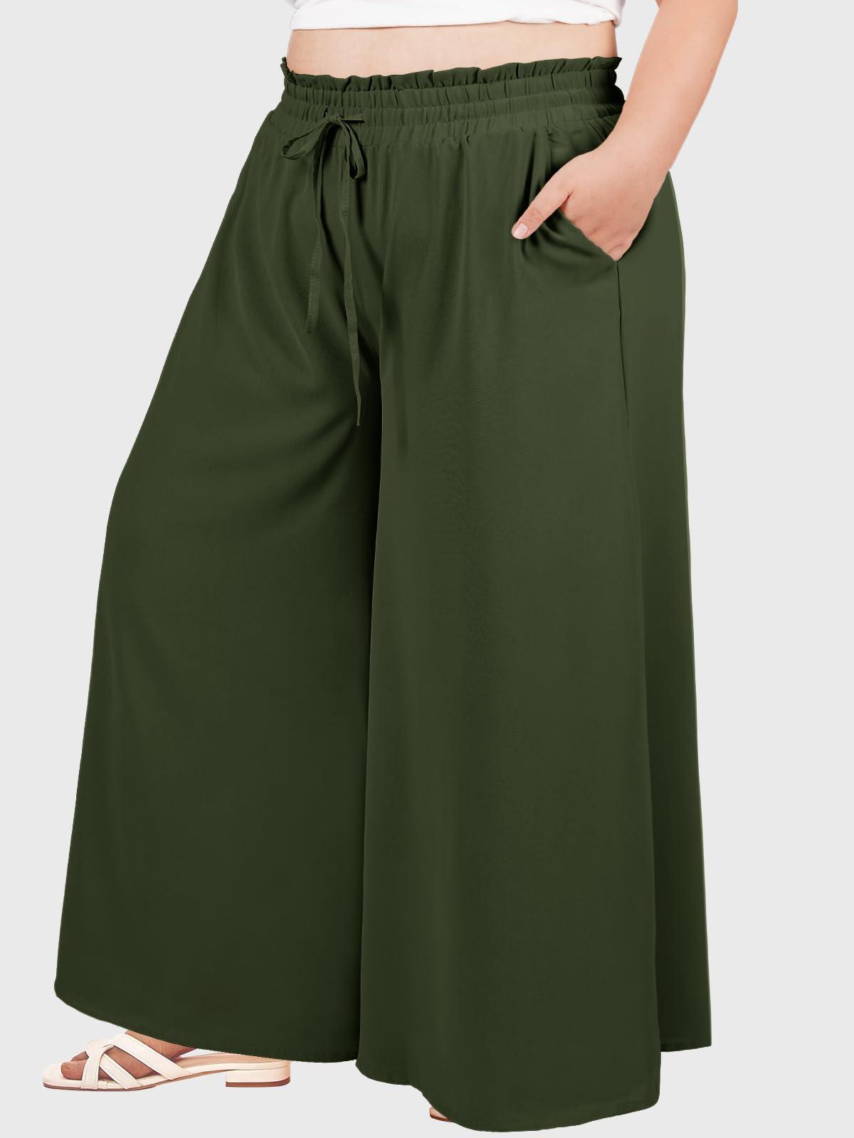 Wide Leg Pants Flowy Plus Size - Army Green-Moon Wood