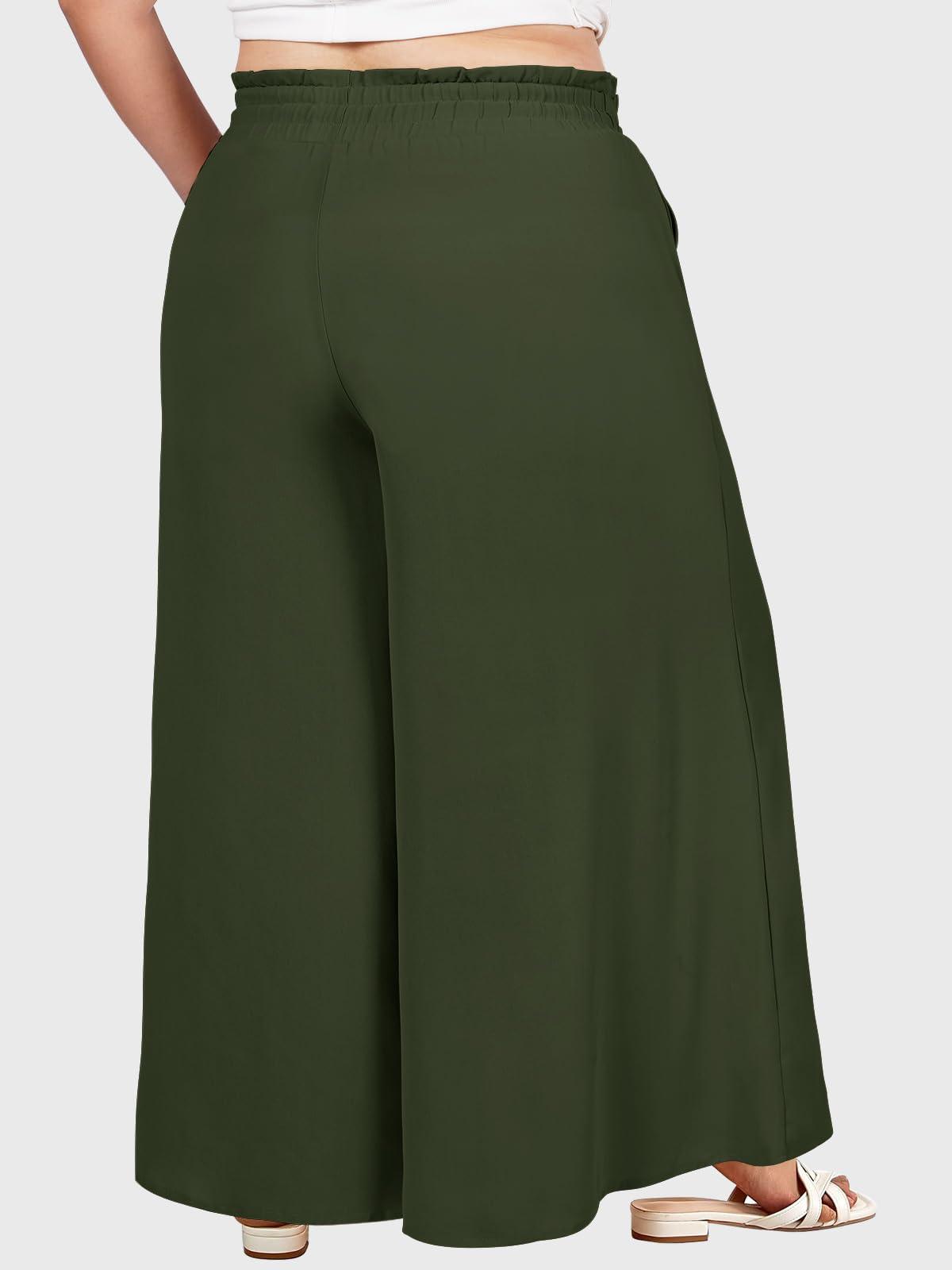 Wide Leg Pants Flowy Plus Size - Army Green-Moon Wood