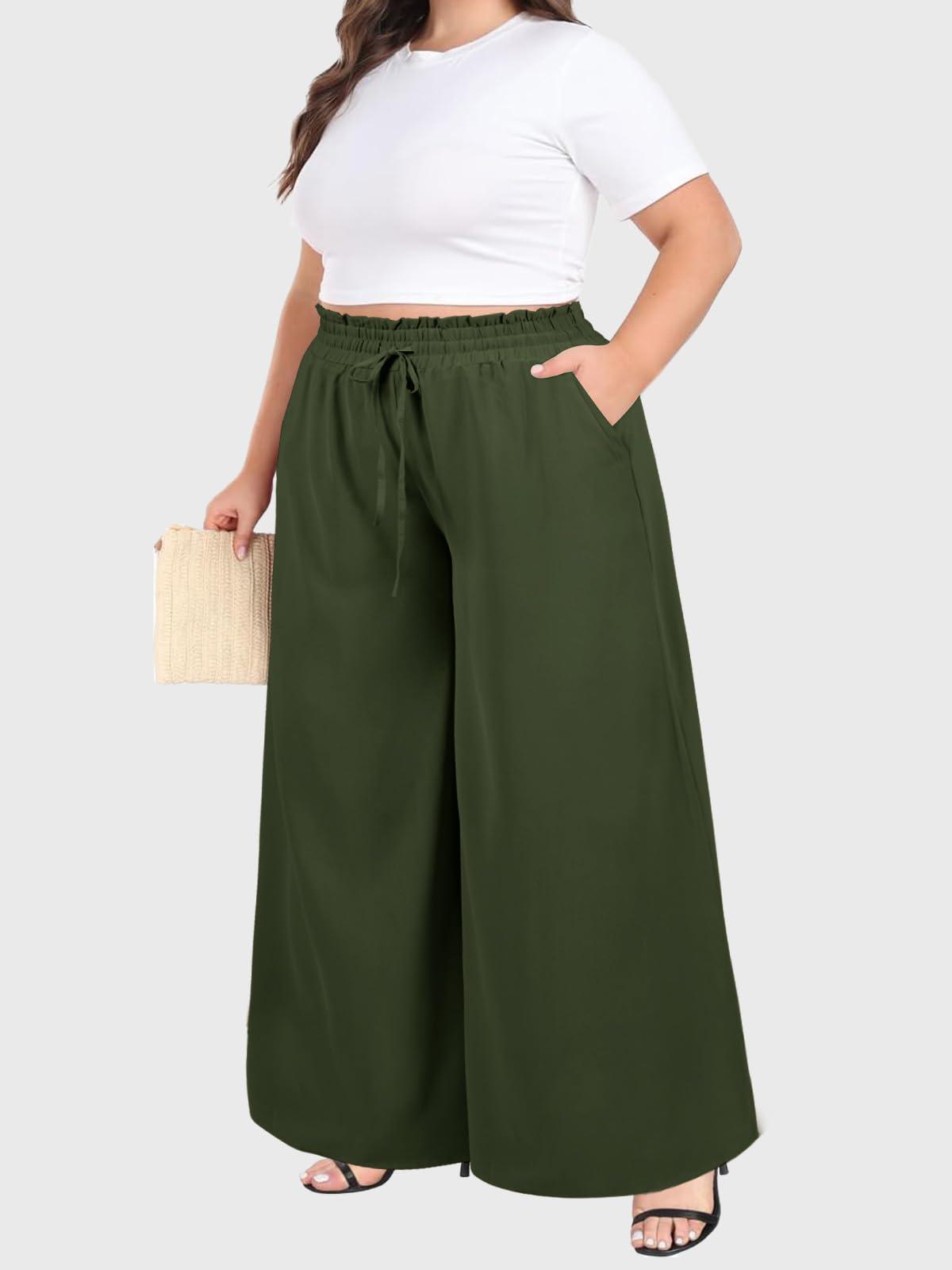 Wide Leg Pants Flowy Plus Size - Army Green-Moon Wood