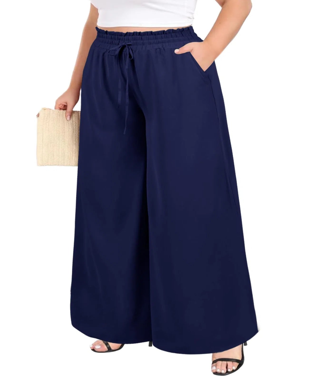 Wide Leg Pants Flowy Plus Size - Navy-Moon Wood