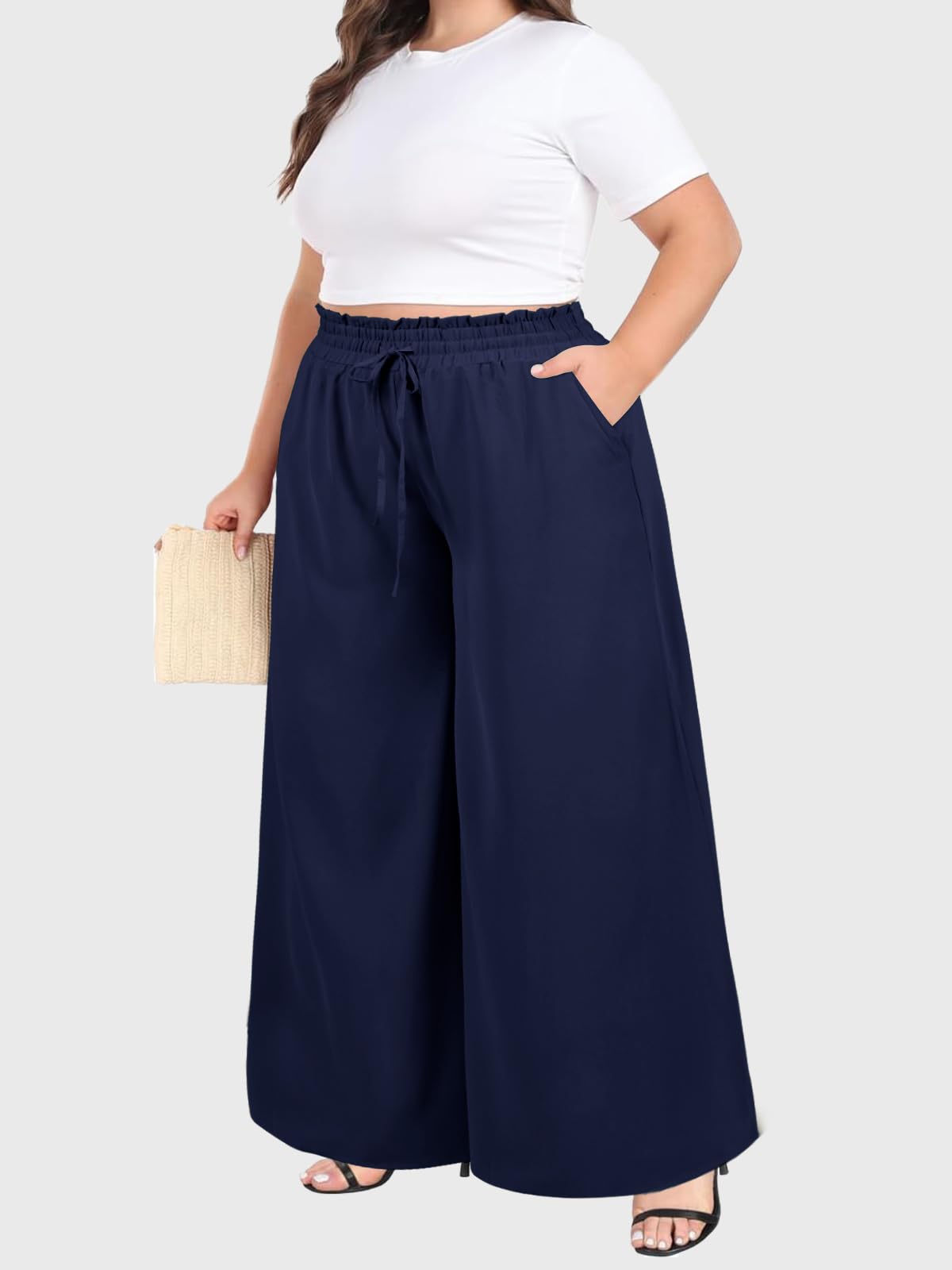 Wide Leg Pants Flowy Plus Size - Navy-Moon Wood