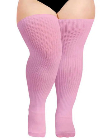 Pair of pink ribbed knit over-the-knee cotton socks for women