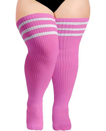 Over-the-knee knit socks in rose pink with white striped bands at the top.