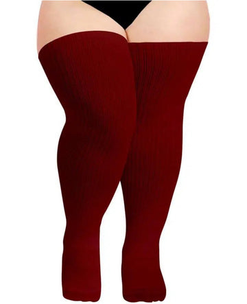 Wine red ribbed over-the-knee knit cotton socks, pair shown
