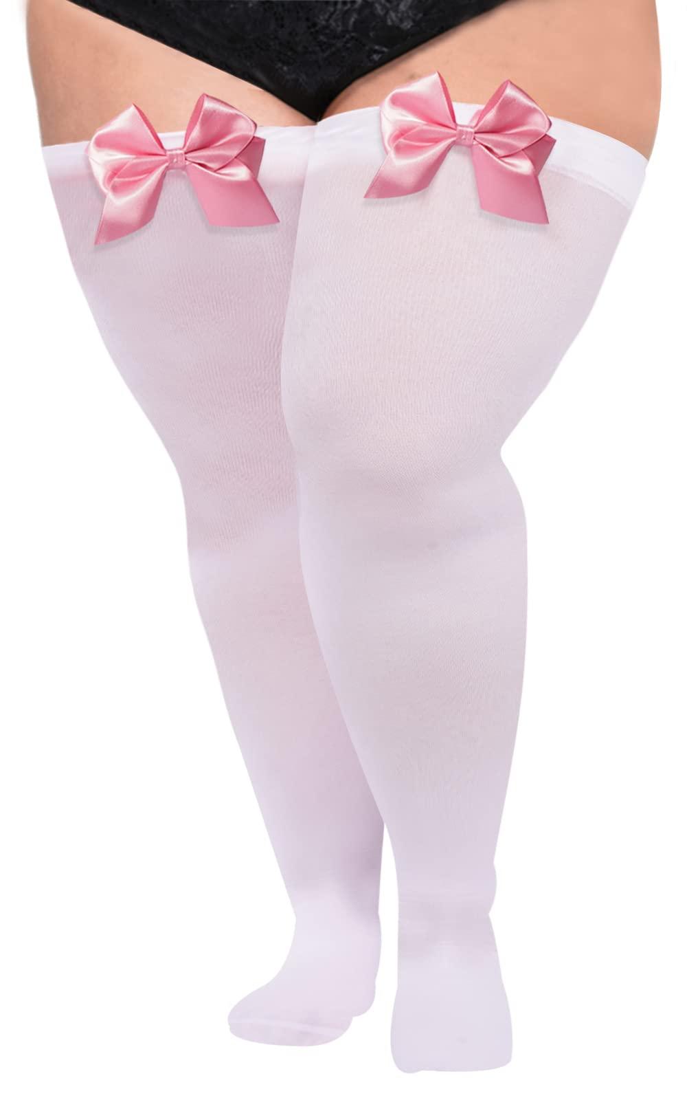 Women Plus Size Bow Thigh Highs Stockings-White-Moon Wood