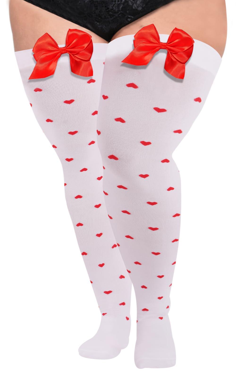 Women Plus Size Bow Thigh Highs Stockings-White & Red-Moon Wood