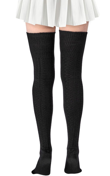 Women Thigh High Socks - Black With Pink Bow