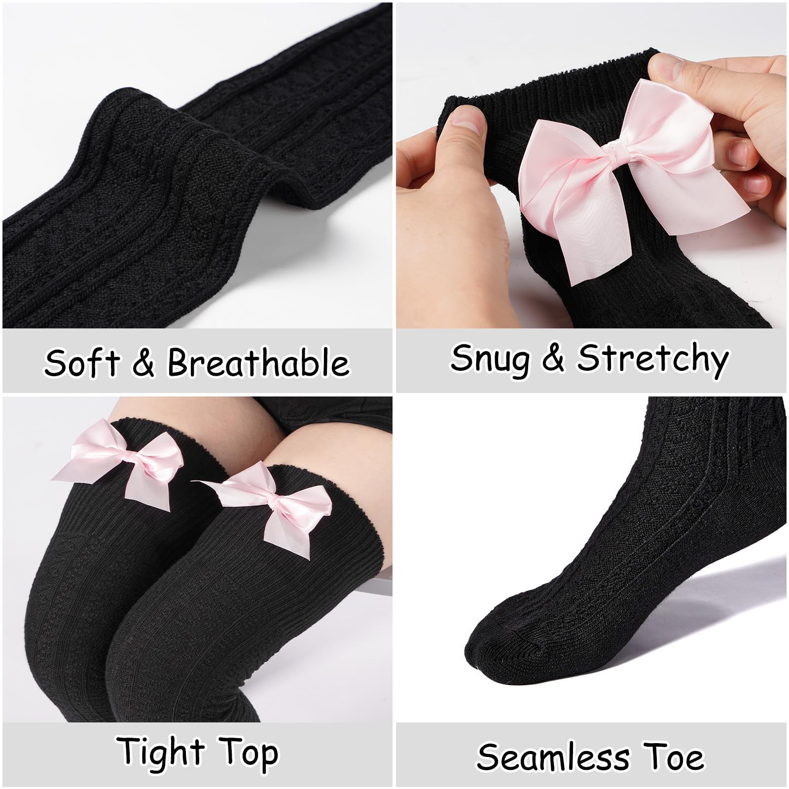 Women Thigh High Socks - Black With Pink Bow-Moon Wood