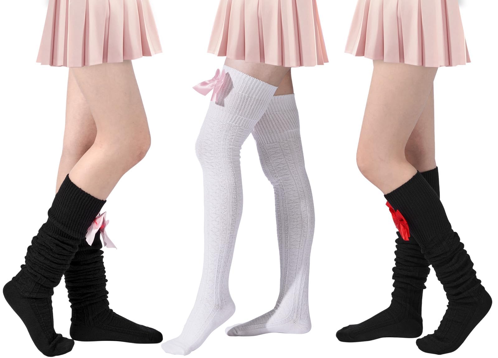 Women Thigh High Socks - Black With Pink Bow-Moon Wood