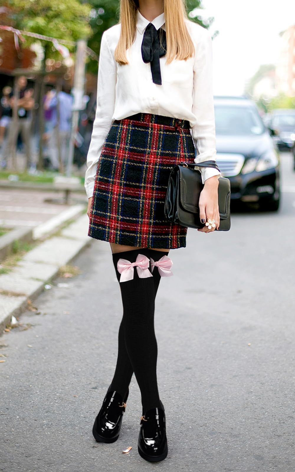 Women Thigh High Socks - Black With Pink Bow-Moon Wood