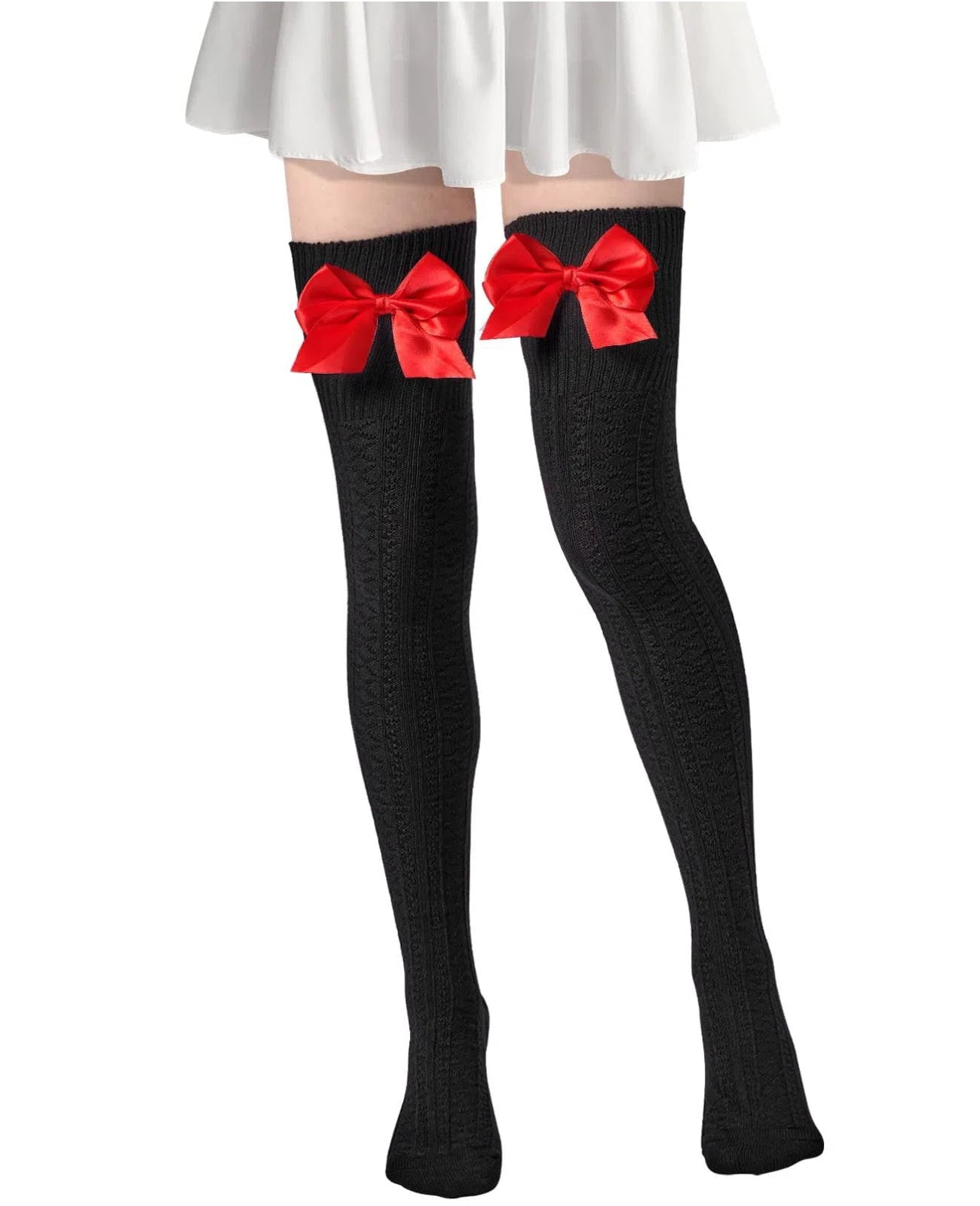 Women Thigh High Socks - Black With Red Bow-Moon Wood