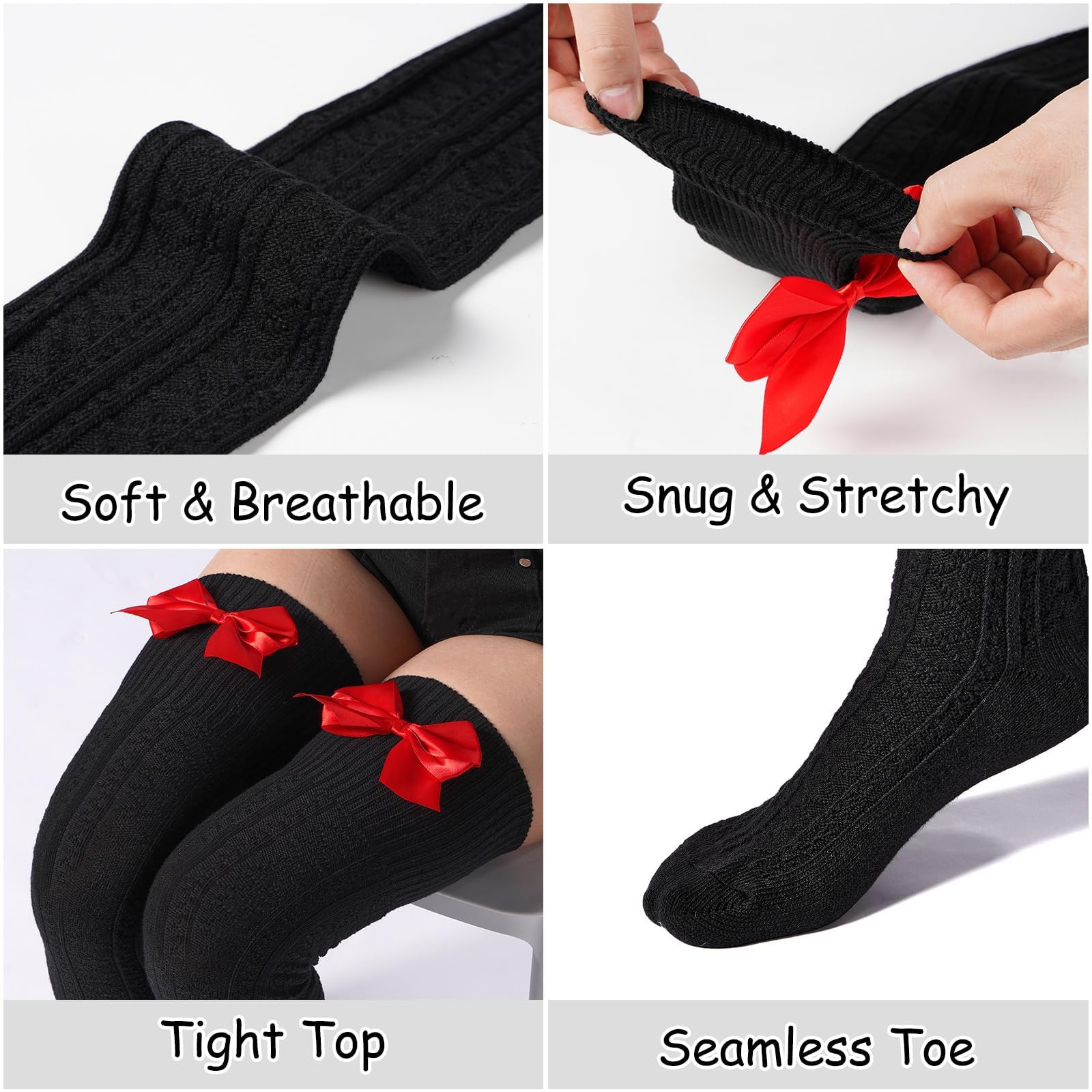 Women Thigh High Socks - Black With Red Bow-Moon Wood