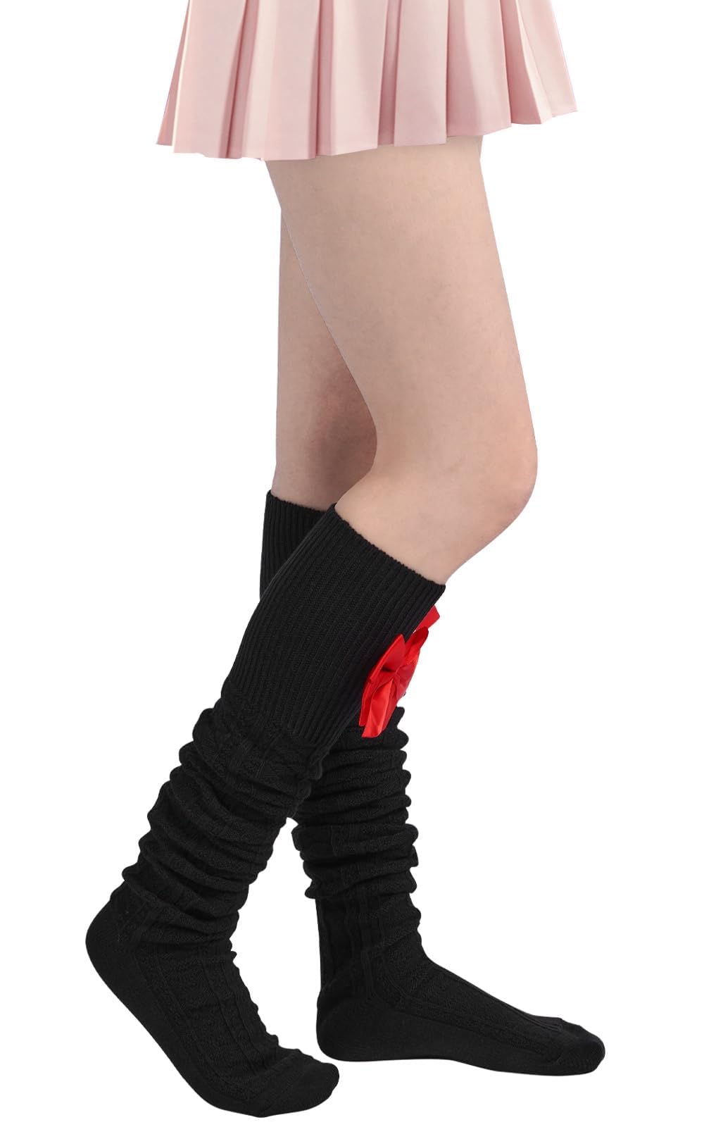 Women Thigh High Socks - Black With Red Bow-Moon Wood