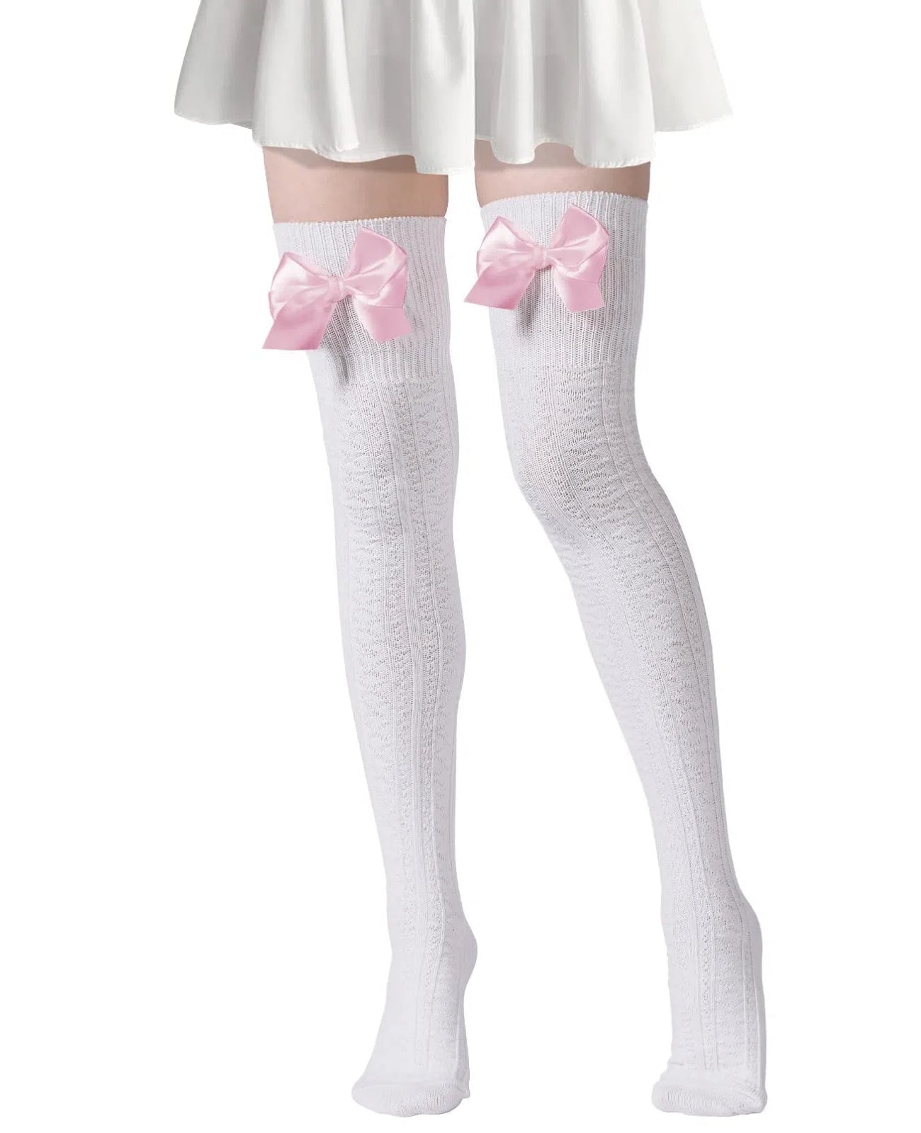 Women Thigh High Socks - White With Pink Bow-Moon Wood