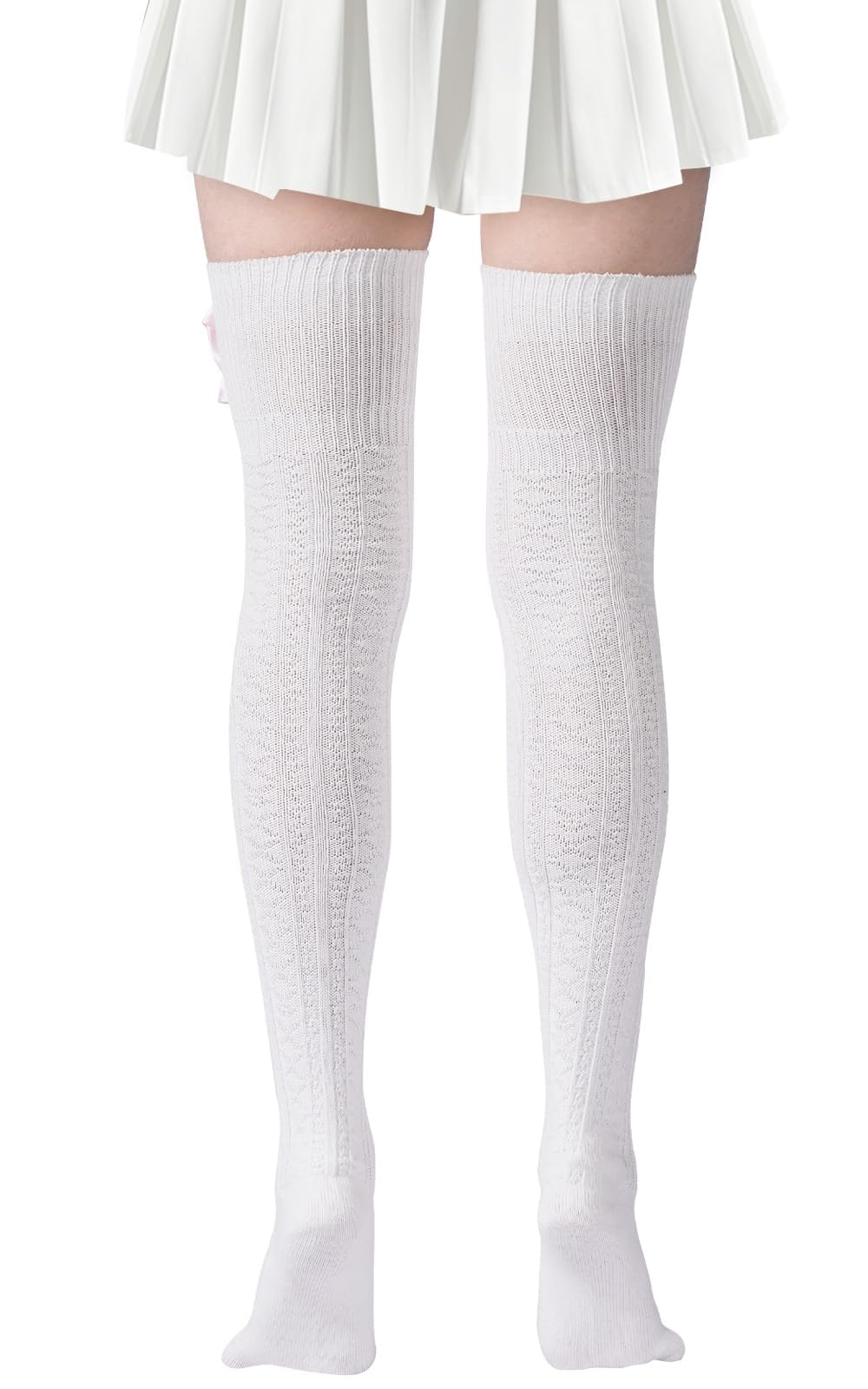 Women Thigh High Socks - White With Pink Bow-Moon Wood