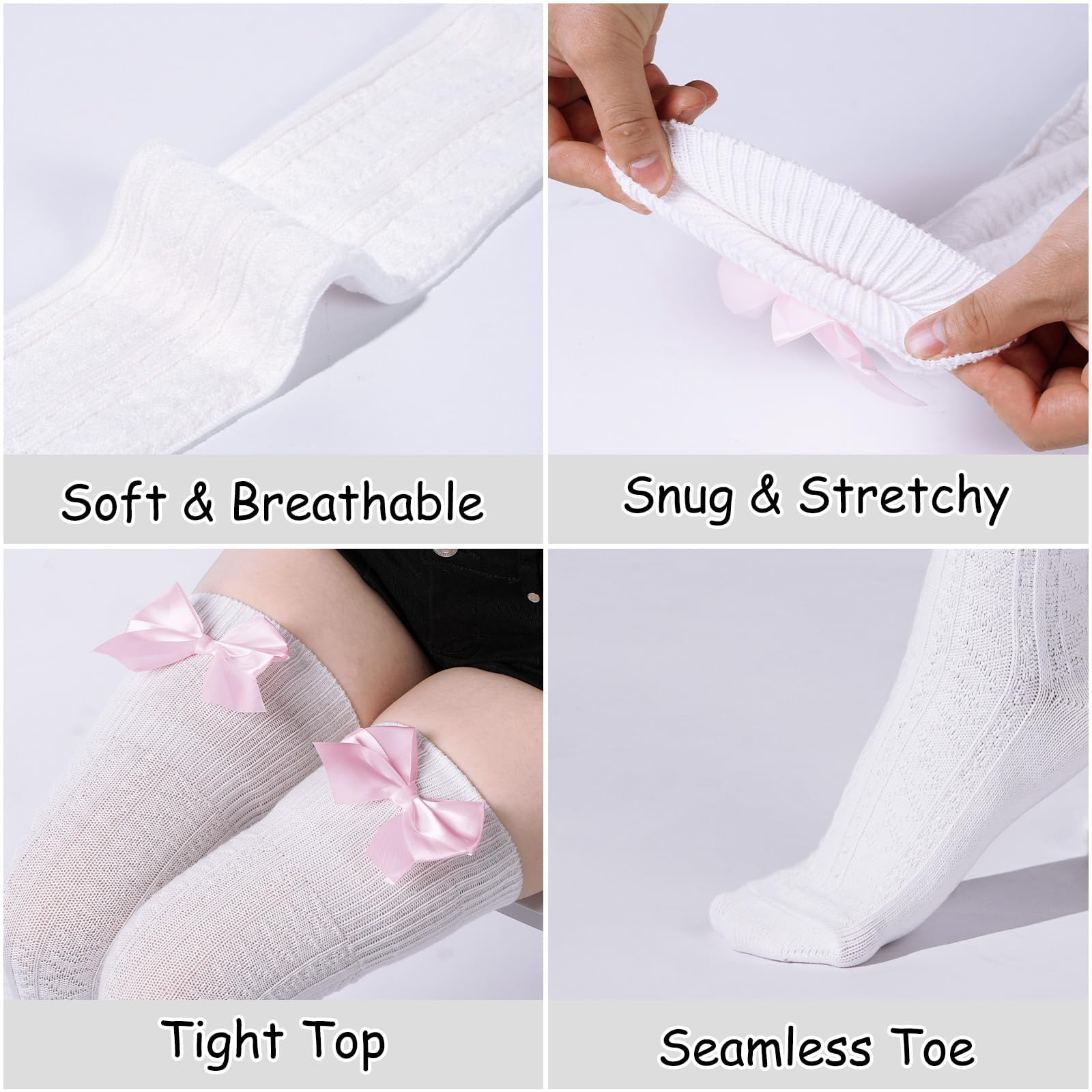 Women Thigh High Socks - White With Pink Bow-Moon Wood