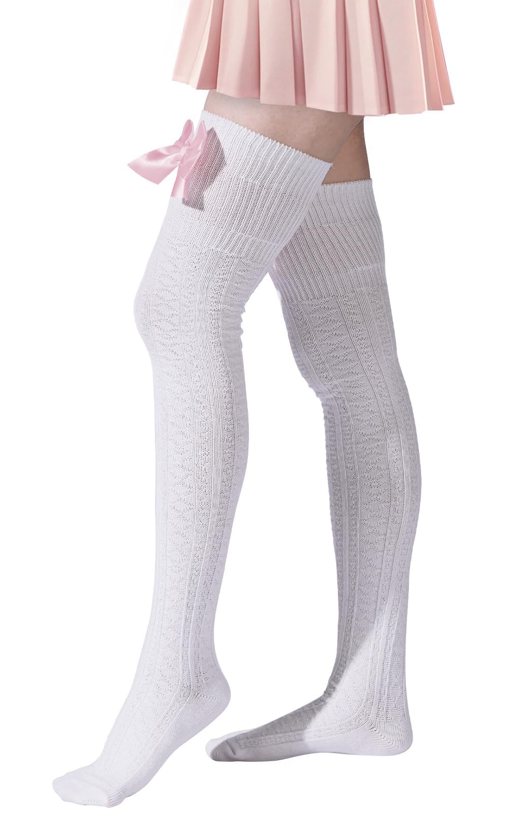 Women Thigh High Socks - White With Pink Bow-Moon Wood