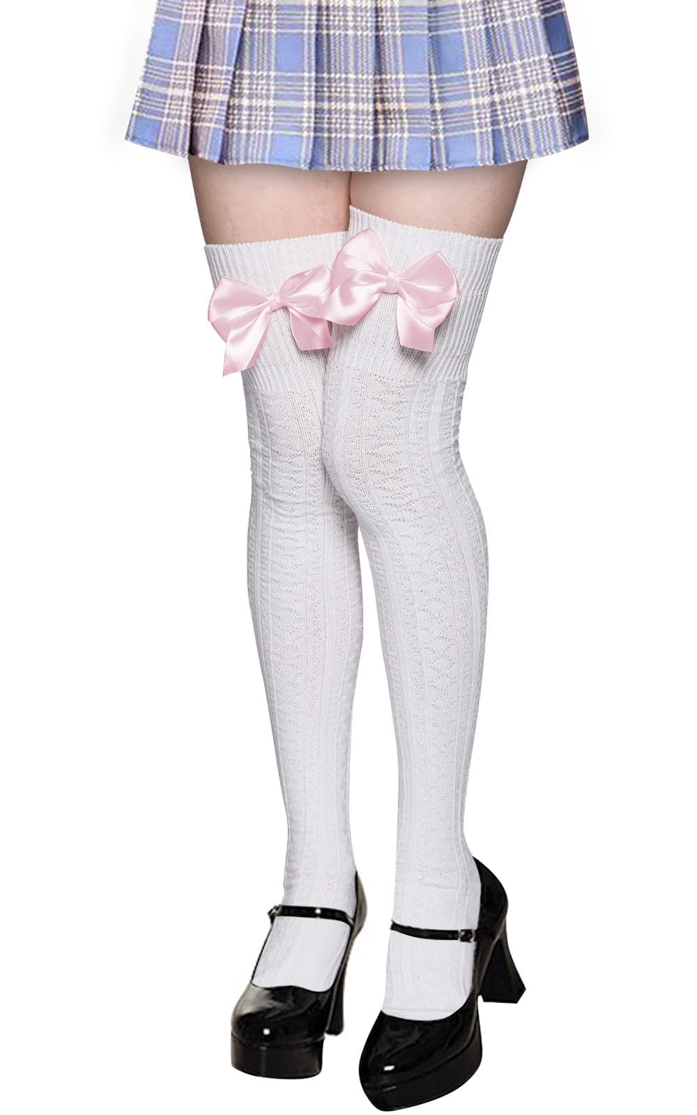 Women Thigh High Socks - White With Pink Bow-Moon Wood