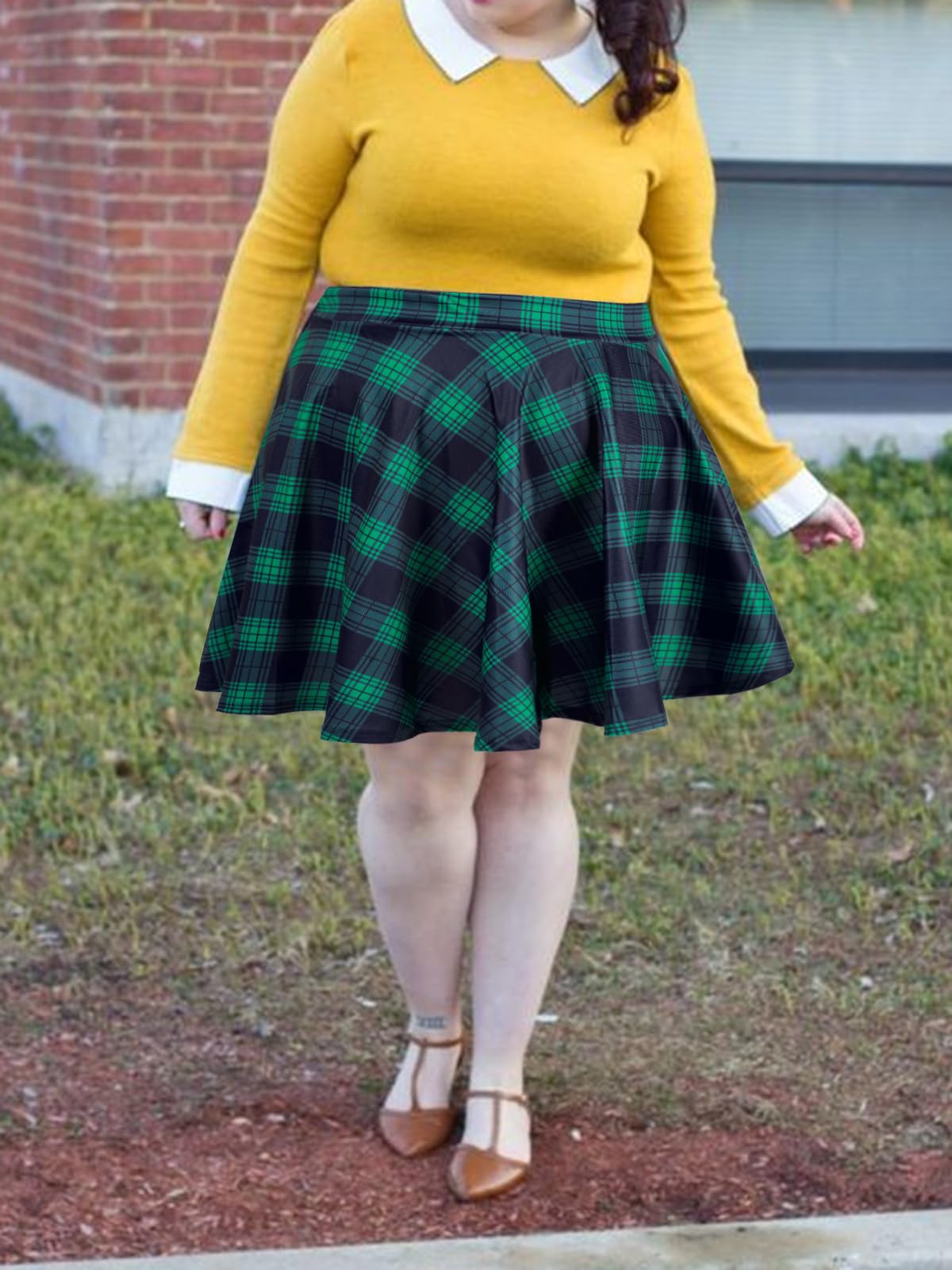Women's Plus Size Mini Plaid Skirt Green Blue丨Moon Wood