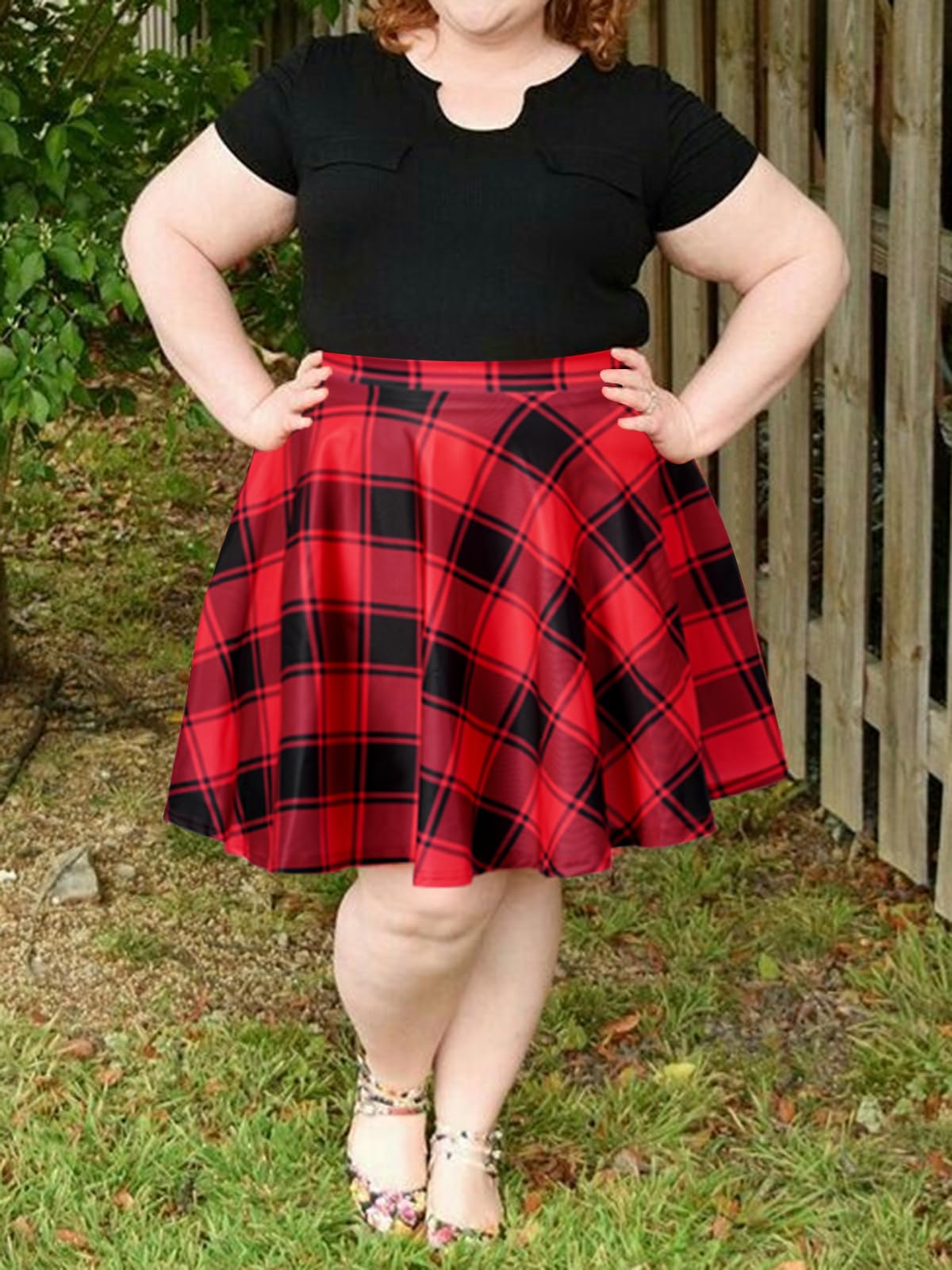 Women's Plus Size Mini Plaid Skirt - Red & Black - Moon Wood