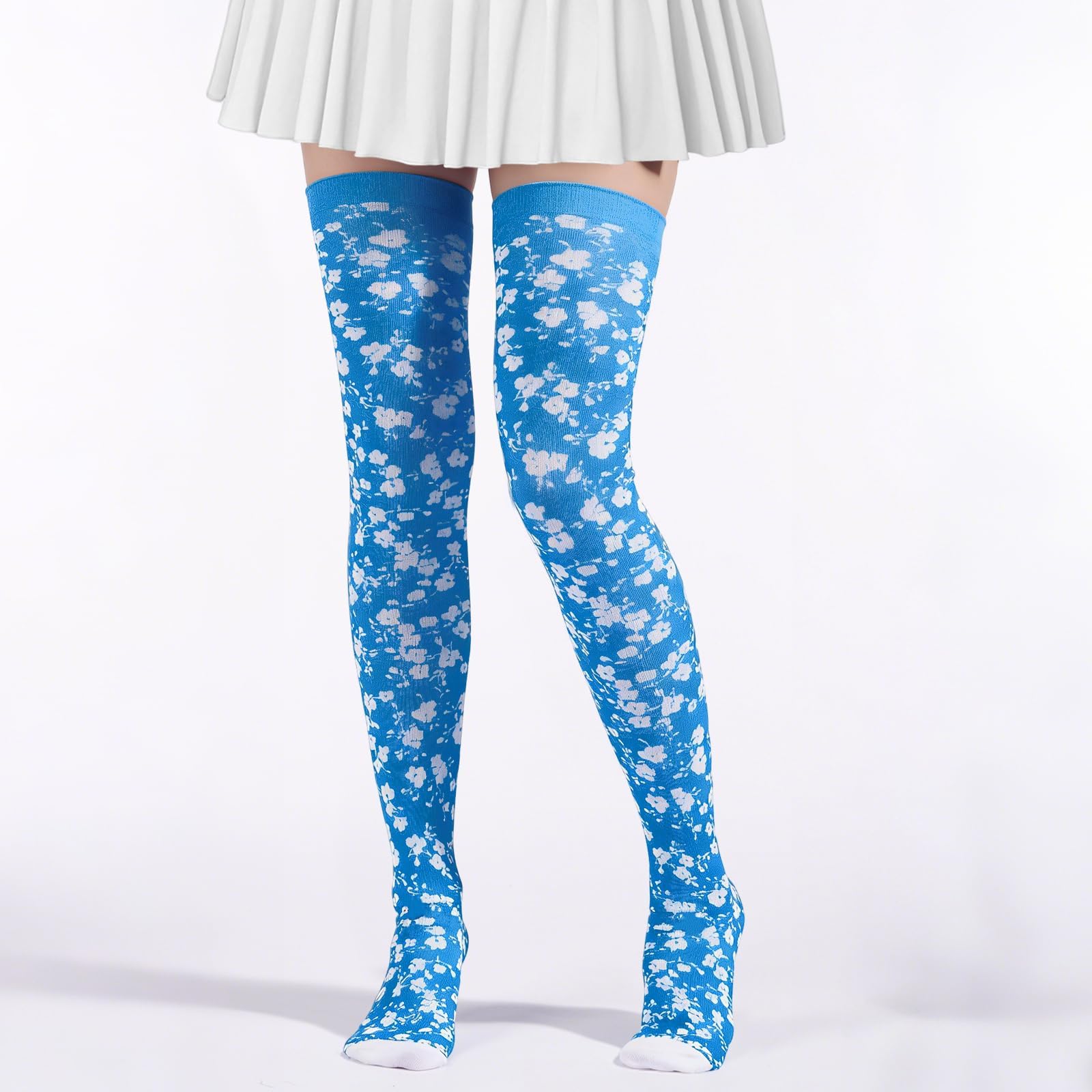 Women's Thigh High Socks Warm Soft - Azure Petals-Moon Wood