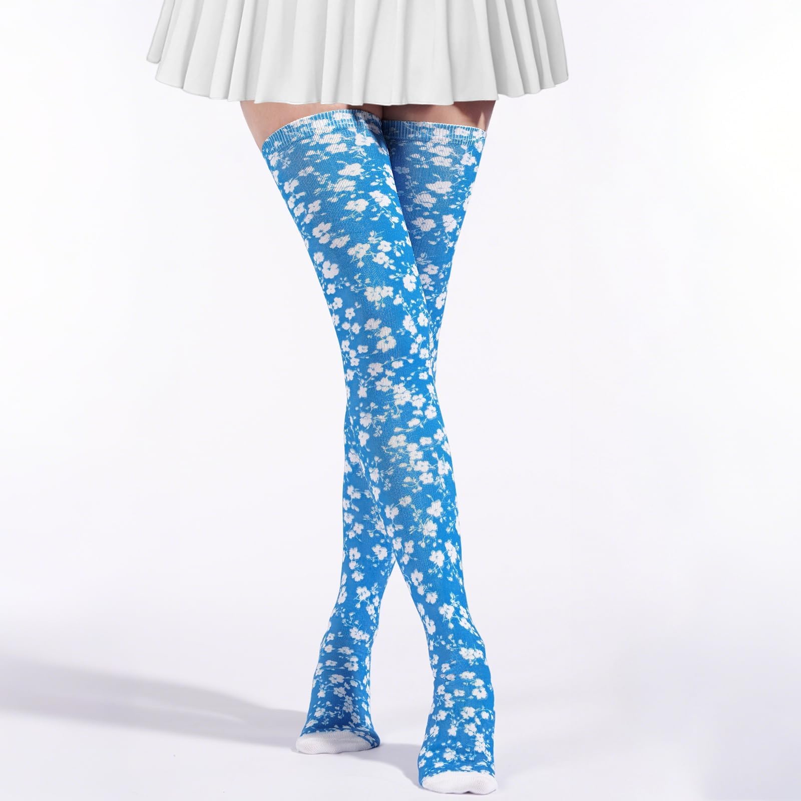 Women's Thigh High Socks Warm Soft - Azure Petals-Moon Wood