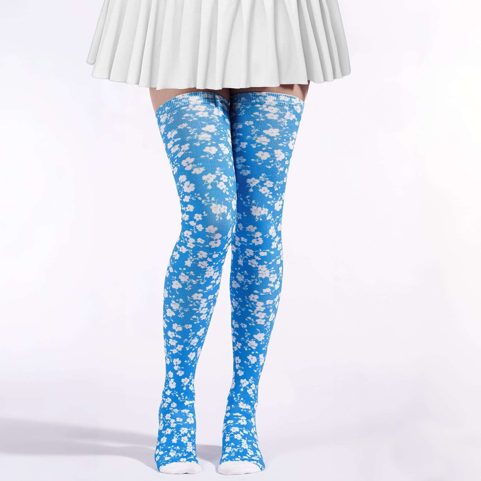 Women's Thigh High Socks Warm Soft - Azure Petals-Moon Wood