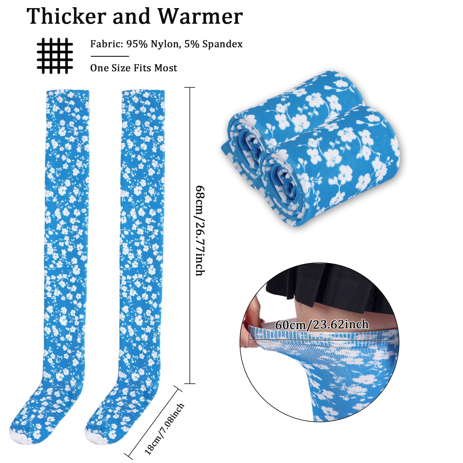 Women's Thigh High Socks Warm Soft - Azure Petals-Moon Wood