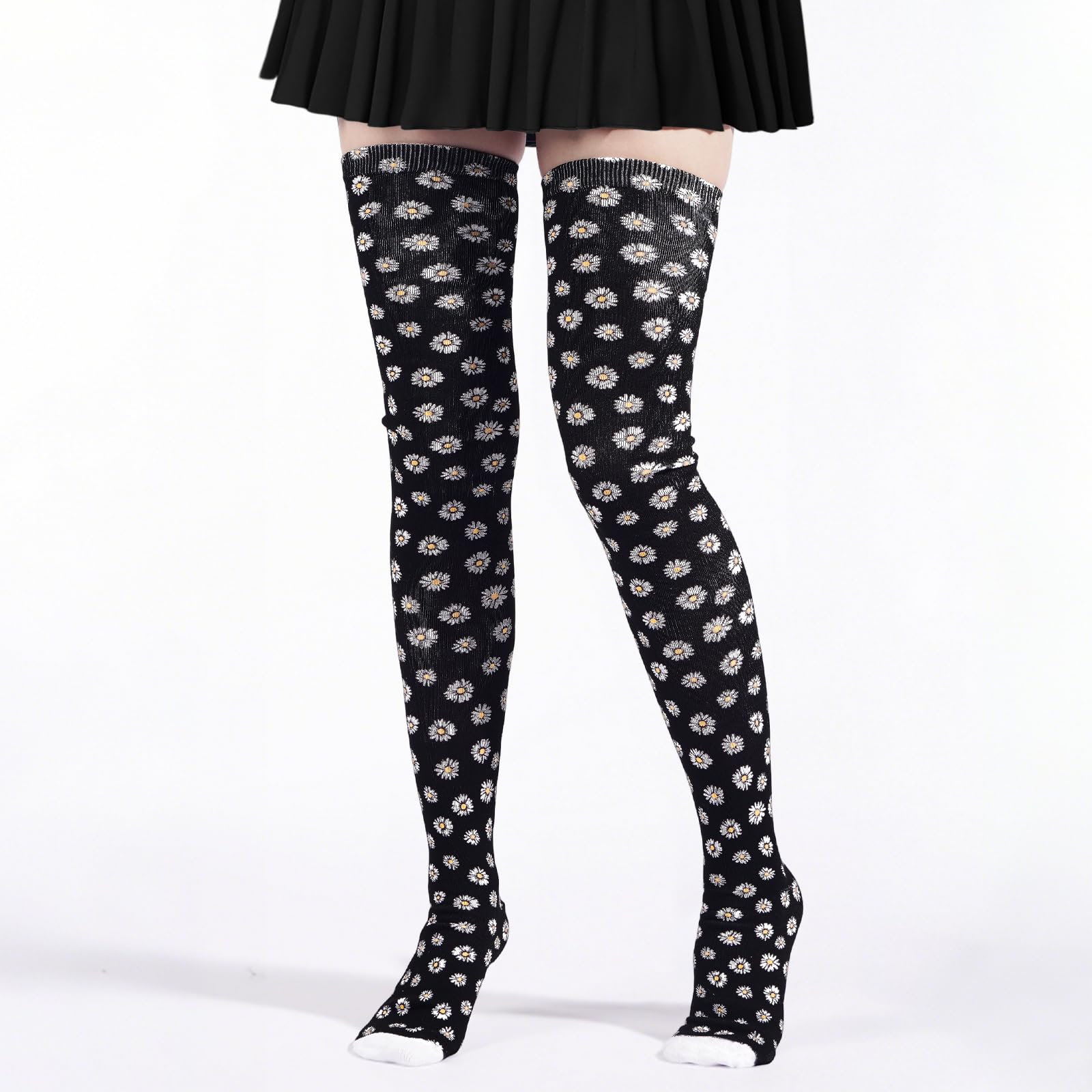 Women's Thigh High Socks Warm Soft - Black Blooms-Moon Wood