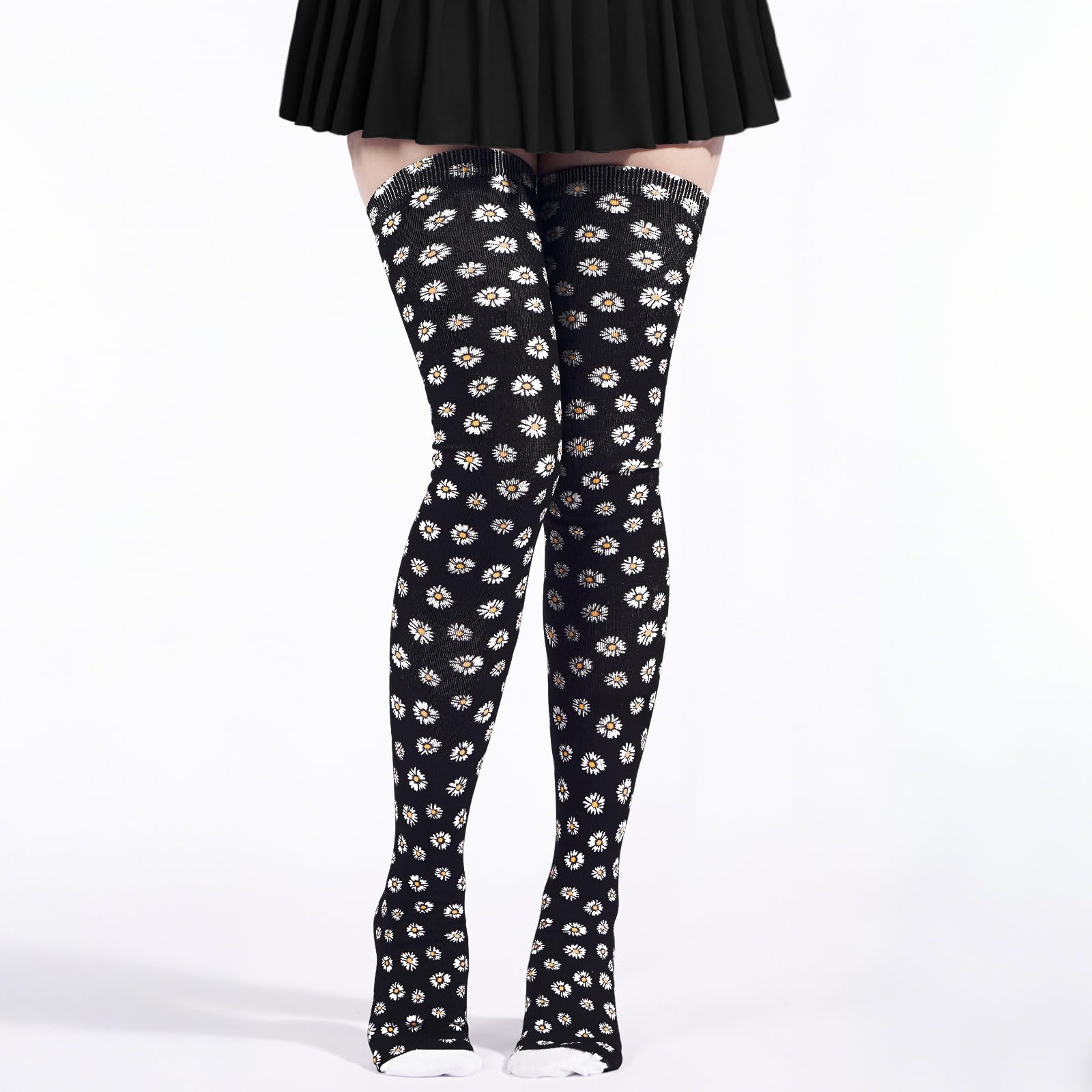 Women's Thigh High Socks Warm Soft - Black Blooms-Moon Wood