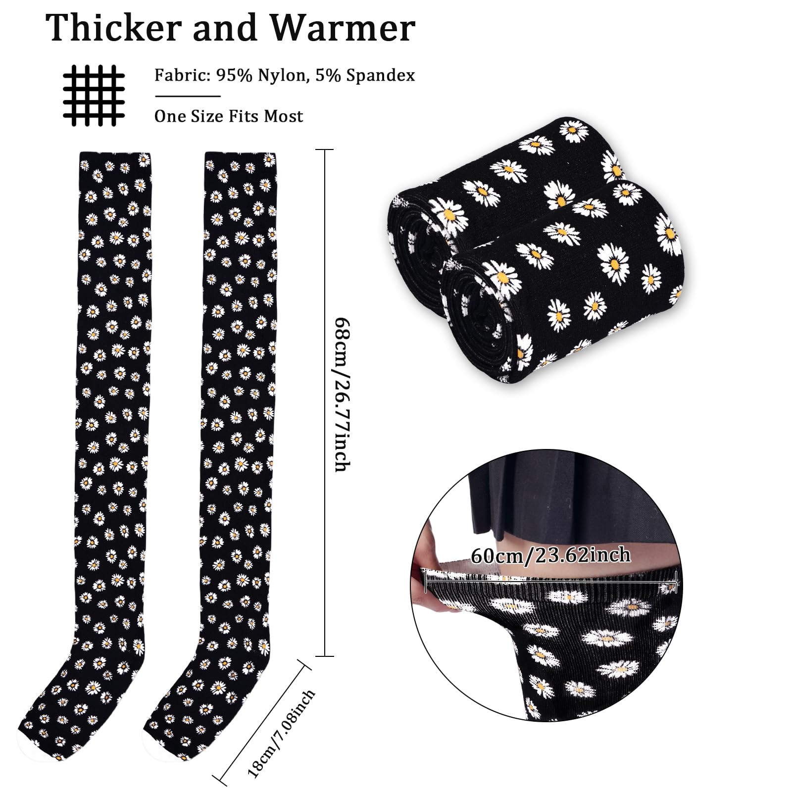 Women's Thigh High Socks Warm Soft - Black Blooms-Moon Wood