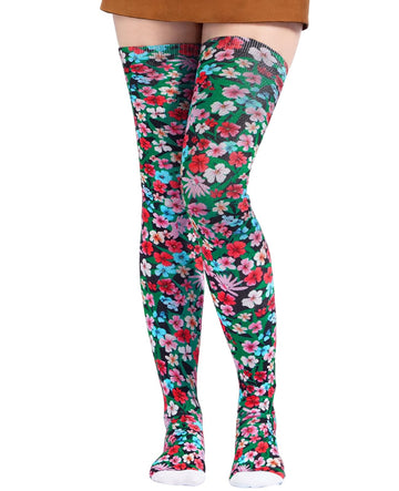 Women's Thigh High Socks Warm Soft - Jungle Blooms-Moon Wood