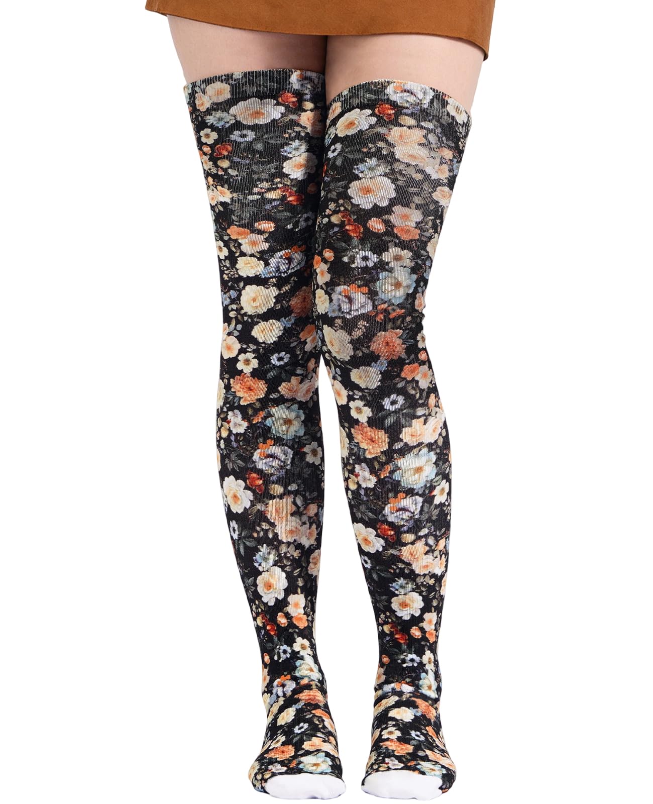 Women's Thigh High Socks Warm Soft - Noir Blooms-Moon Wood