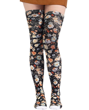 Women's Thigh High Socks Warm Soft - Noir Blooms-Moon Wood